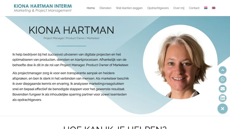 Screenshot van de website van Kiona Hartman Interim